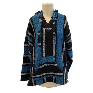 Size L Baja Hippie Poncho Pullover Hoodie Mexican Drug Rug Black Gray Striped